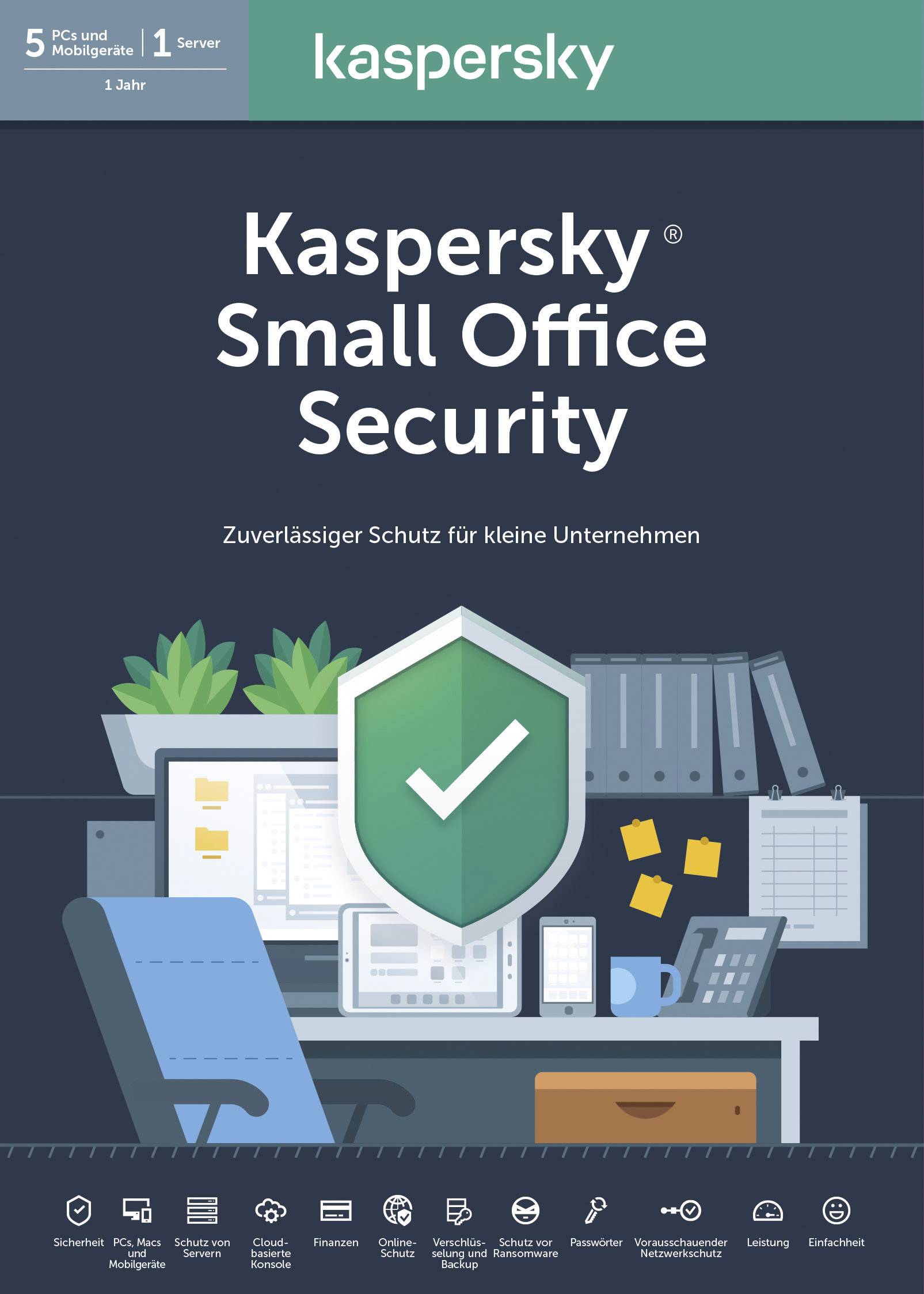 Kaspersky Small Office Security 7 Box-Pack 1 Jahr 1 Dateiserver 5 mobile Gerte 5 Desktops Win/Mac/Android/iOS, Multilingual (KL4541X5EFS-20DE)