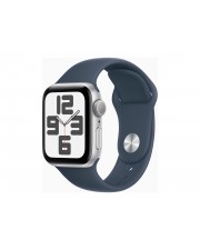Apple Watch SE GPS 40 mm Aluminium Silber intelligente Uhr mit Sportband Flouroelastomer Storm Blue Bandgre: M/L 32 GB Wi-Fi Bluetooth 26.4 g