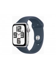 Apple Watch SE GPS 44 mm Aluminium Silber intelligente Uhr mit Sportband Flouroelastomer Storm Blue Bandgre: S/M 32 GB Wi-Fi Bluetooth 32.9 g