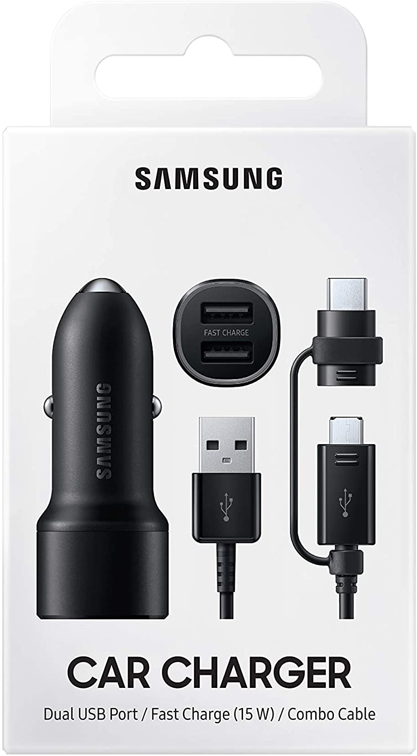Samsung Dual Car Charger EP-L1100 Auto-Netzteil 15 Watt 2 A Fast Charge 2 Ausgabeanschlussstellen USB auf Kabel: Micro-USB USB-C Schwarz